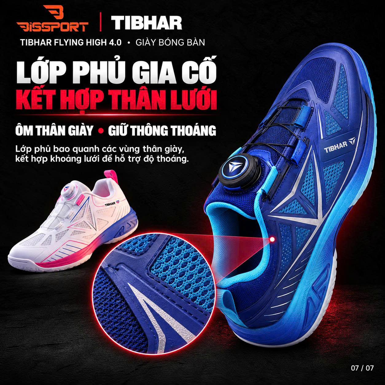 Giày Bóng Bàn TIBHAR Flying High 4.0 02603 Chính Hãng - Trắng Xanh Hồng - Nhẹ Và Bám Sàn - Thoáng Khí - Chống Trượt